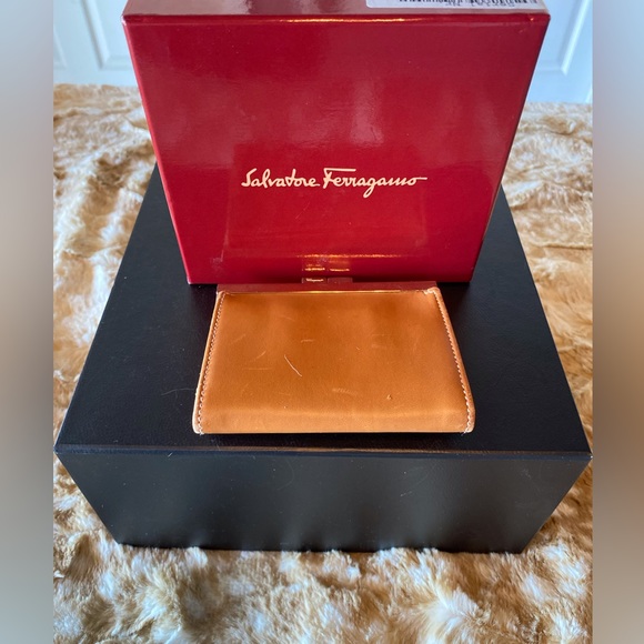 Salvatore Ferragamo Handbags - Salvatore Ferragamo Tan & Gold Savana Calf Mini Wallet